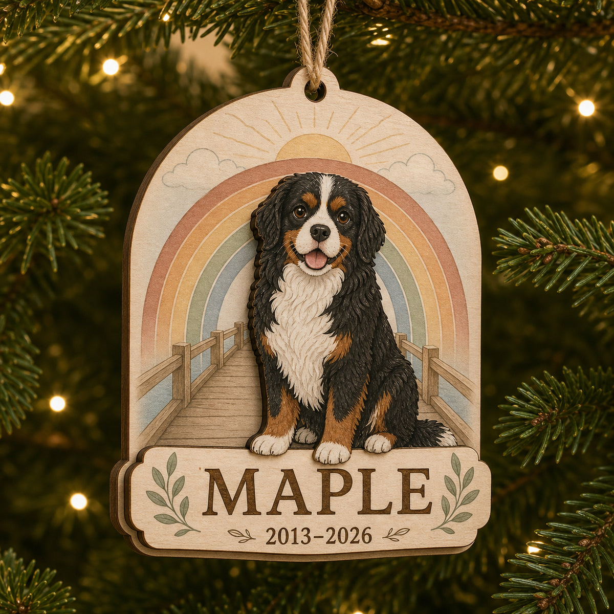Personalized Rainbow Bridge Pet Memorial Photo Wood Ornament - Custom Pet Keepsake - image 1