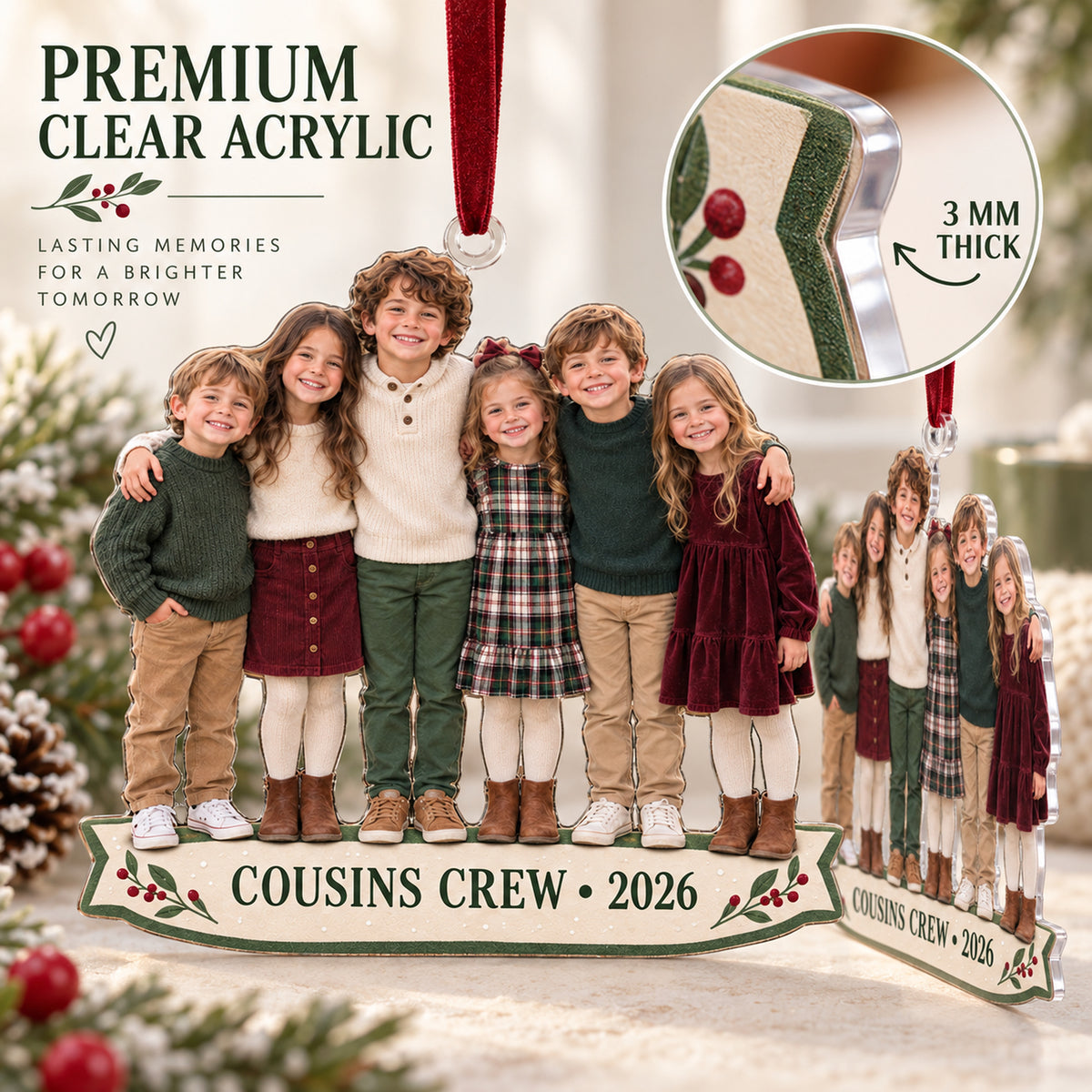 Custom Photo Cousins Crew Lineup Acrylic Ornament — Flat acrylic material