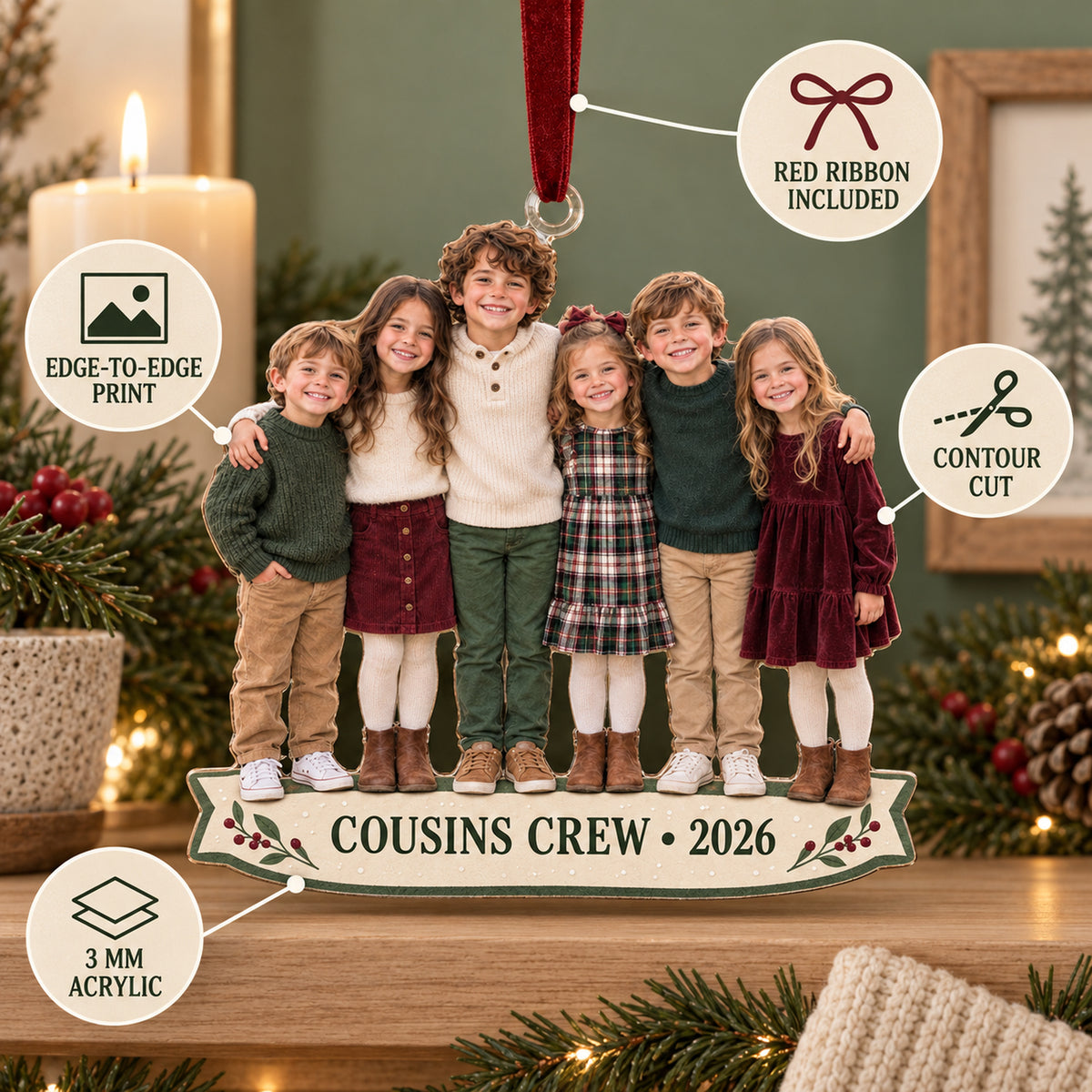 Custom Photo Cousins Crew Lineup Acrylic Ornament — Product details