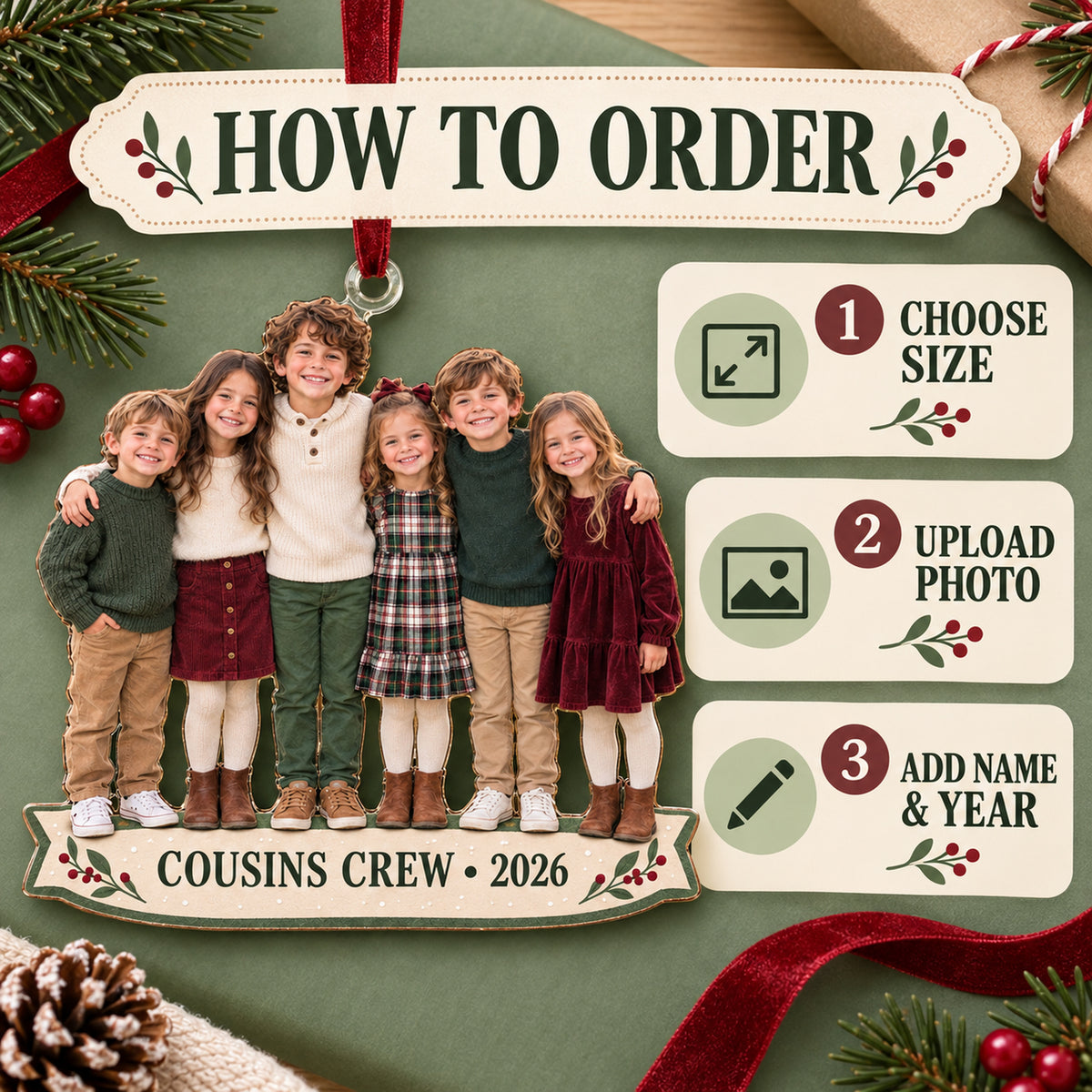 Custom Photo Cousins Crew Lineup Acrylic Ornament — How to order