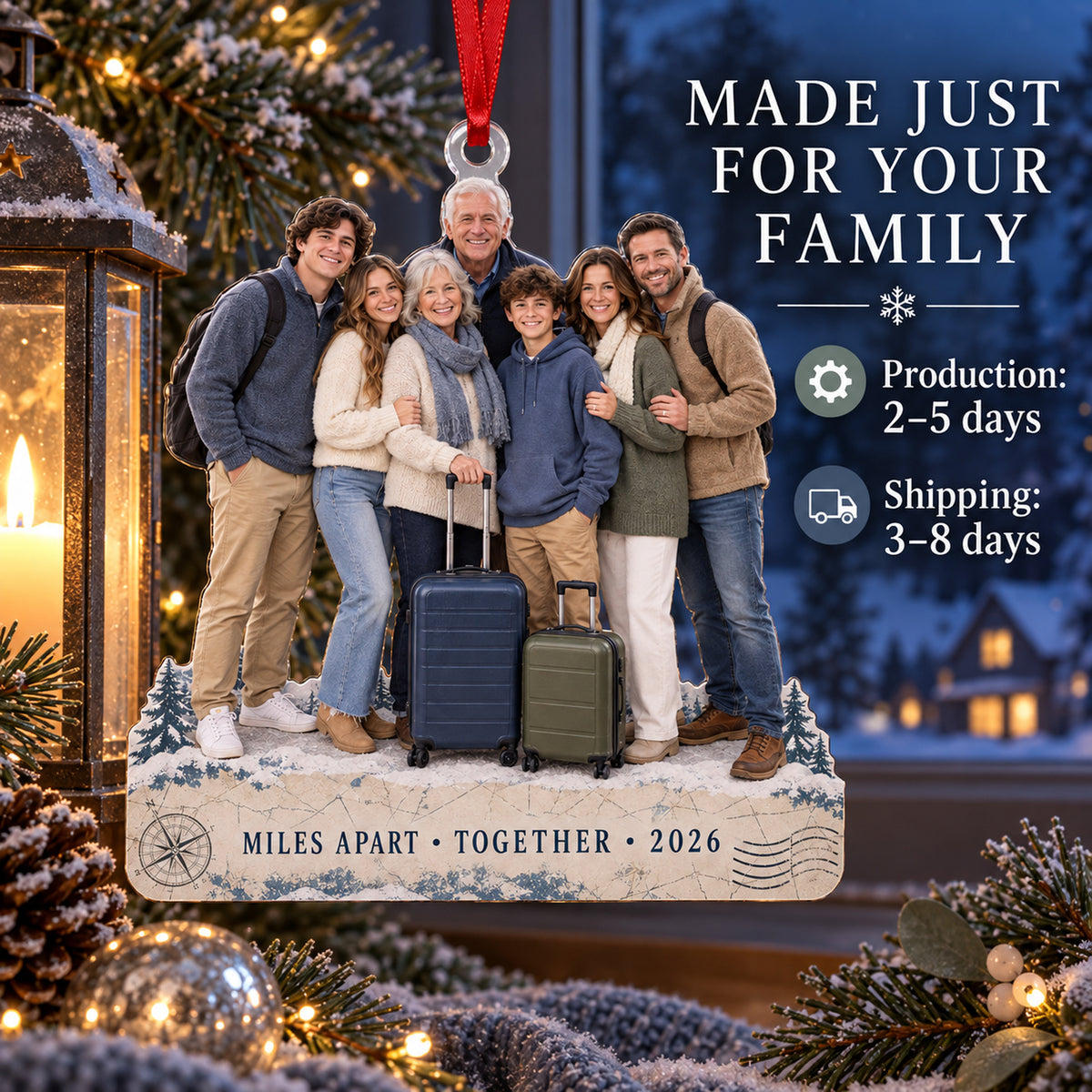 Custom Photo Destination Family Gathering Acrylic Ornament — Production and delivery