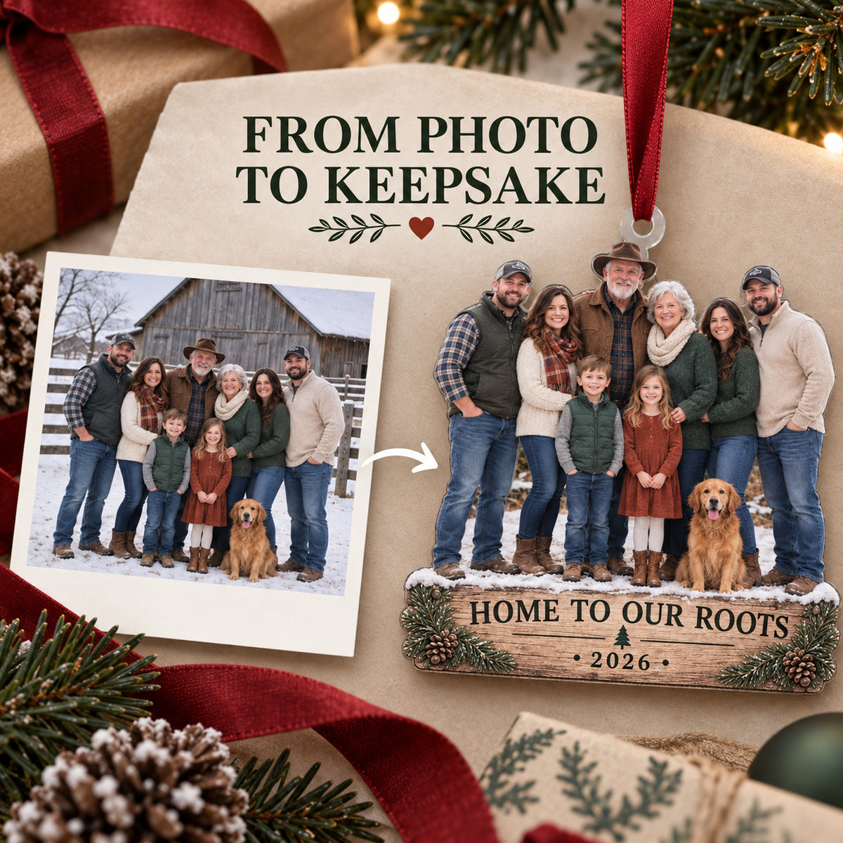Custom Photo Family Farm Homecoming Acrylic Ornament — Personalization example