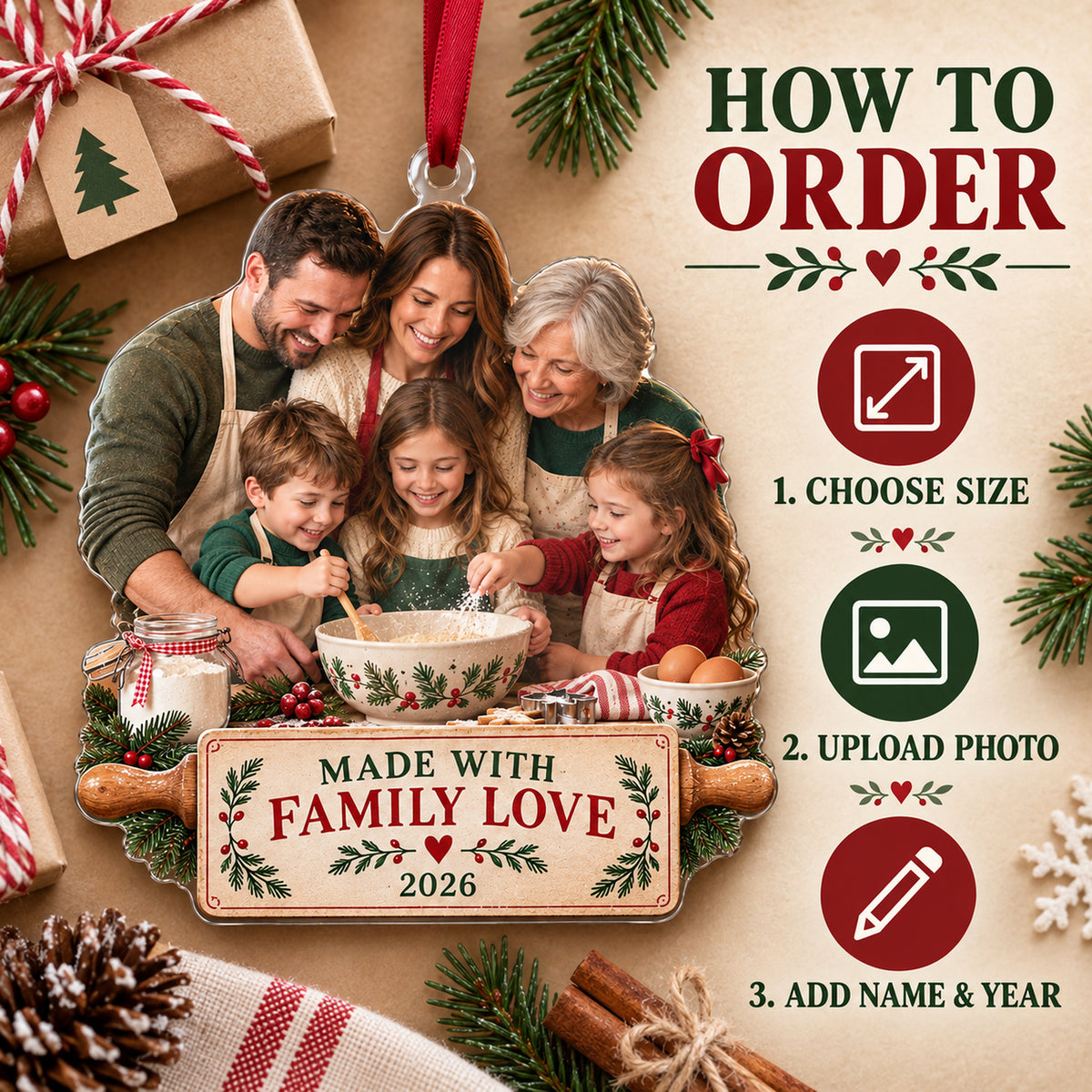 Custom Photo Family Recipe Day Acrylic Ornament — How to order