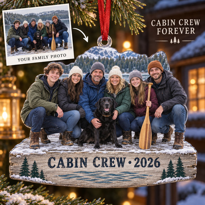 Custom Photo Lake Cabin Reunion Acrylic Ornament — Main design