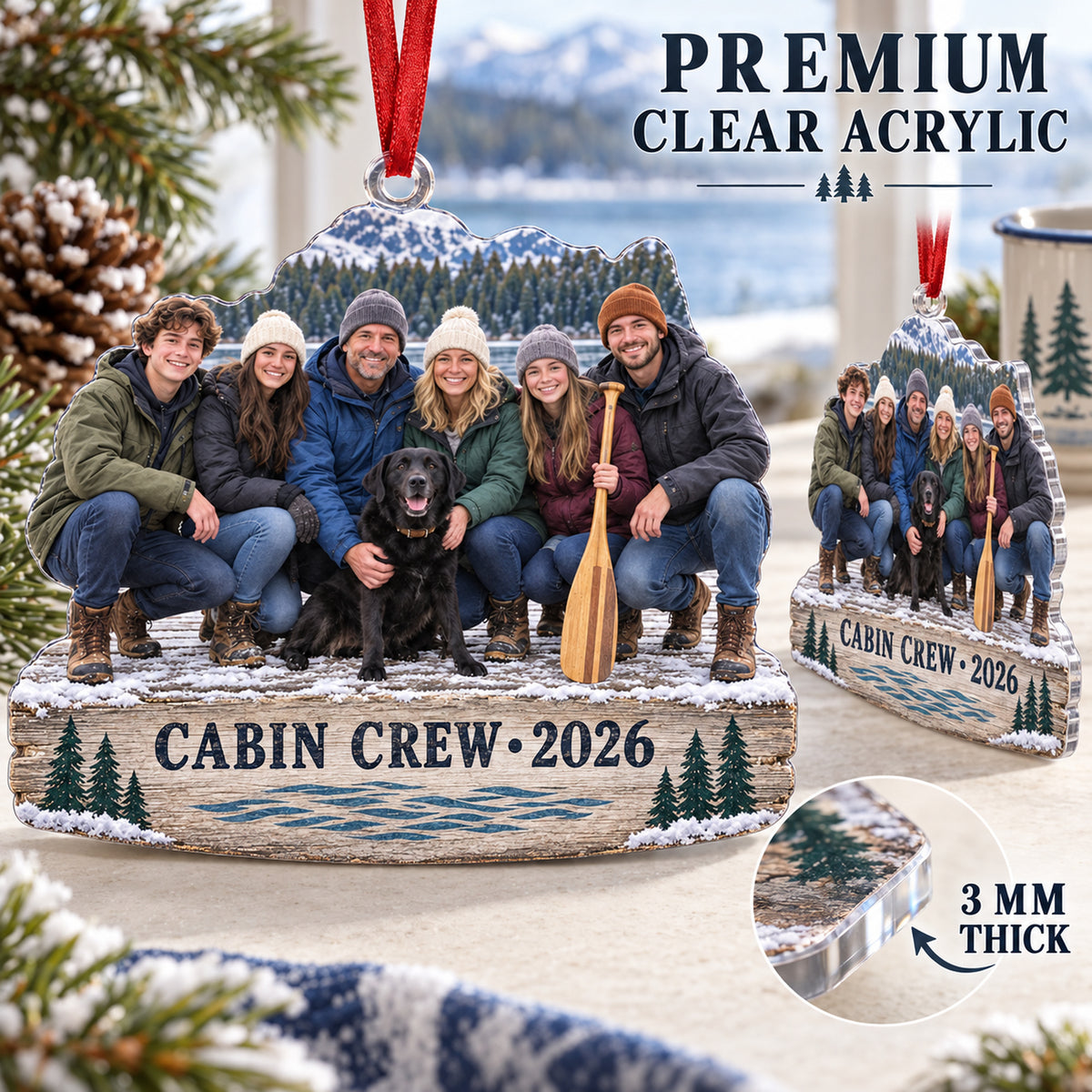 Custom Photo Lake Cabin Reunion Acrylic Ornament — Flat acrylic material