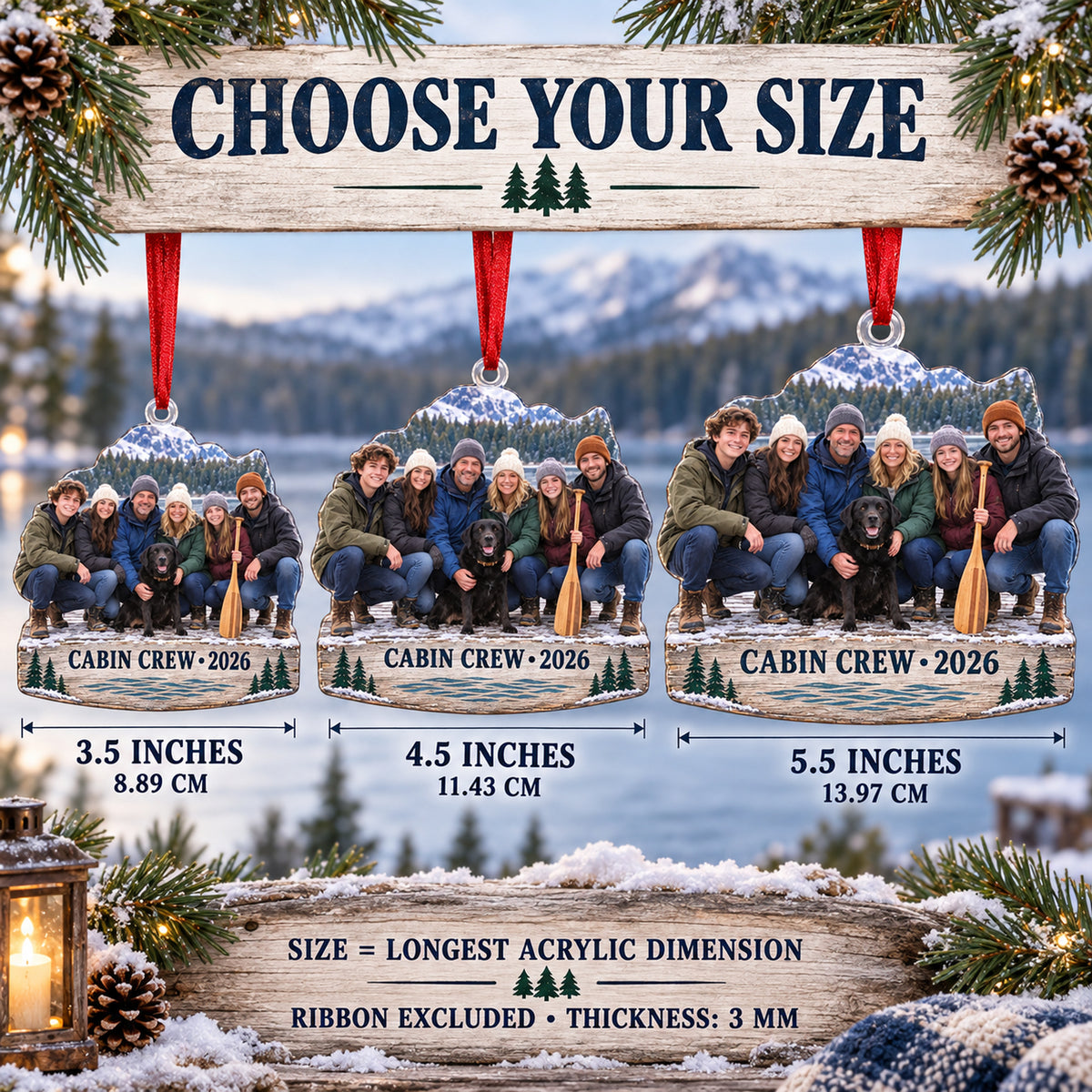 Custom Photo Lake Cabin Reunion Acrylic Ornament — Size guide