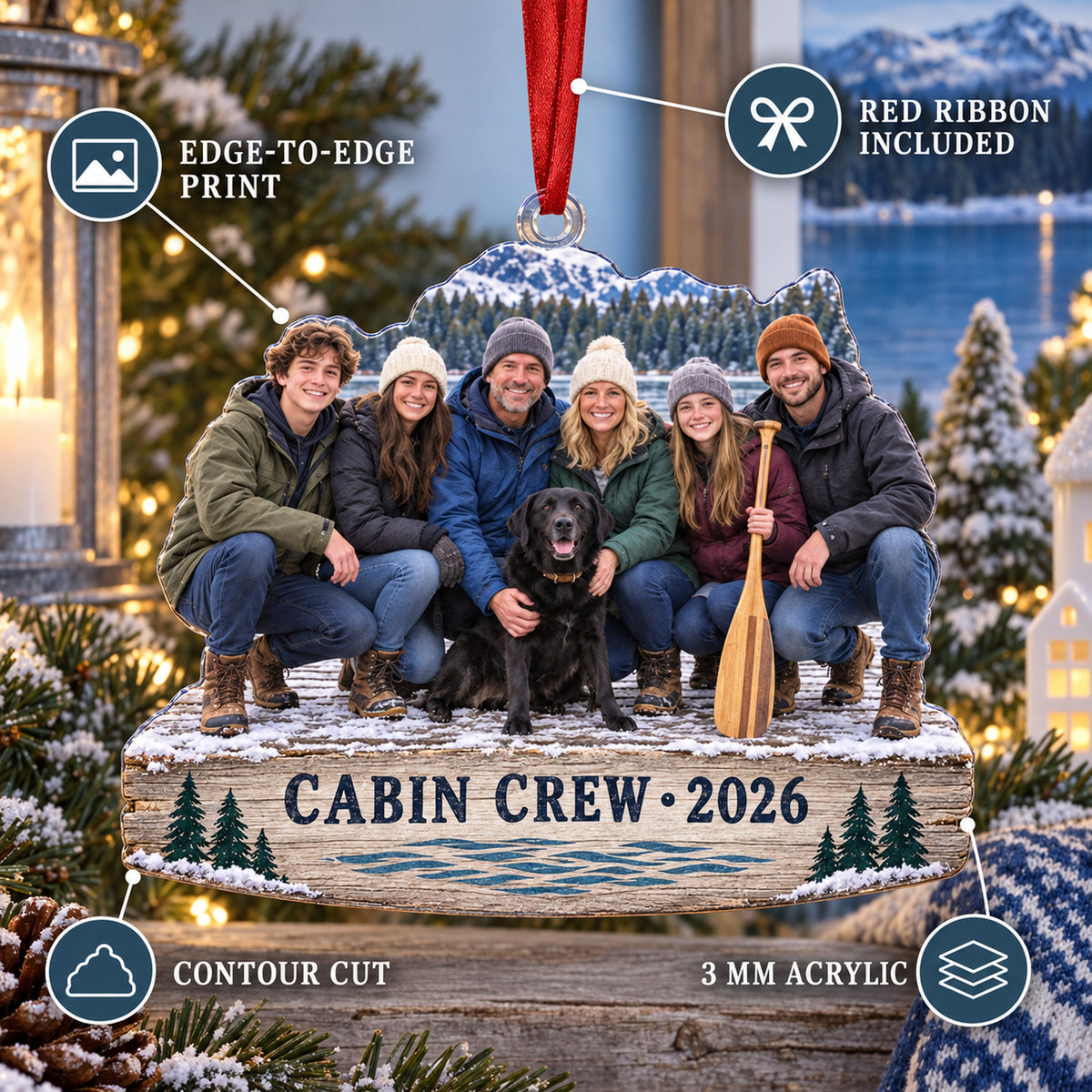 Custom Photo Lake Cabin Reunion Acrylic Ornament — Product details