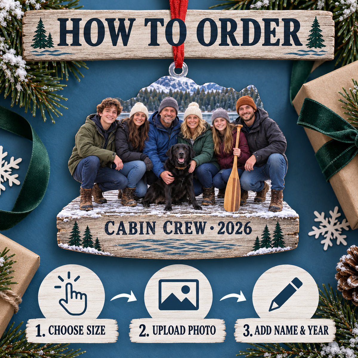 Custom Photo Lake Cabin Reunion Acrylic Ornament — How to order