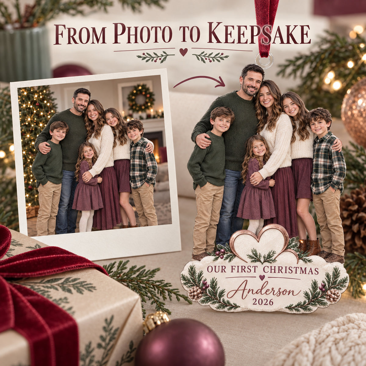 Custom Photo Blended Family First Christmas Acrylic Ornament — Personalization example