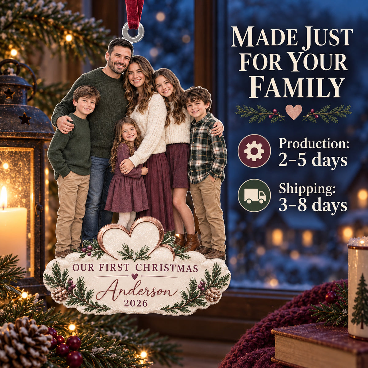 Custom Photo Blended Family First Christmas Acrylic Ornament — Production and delivery