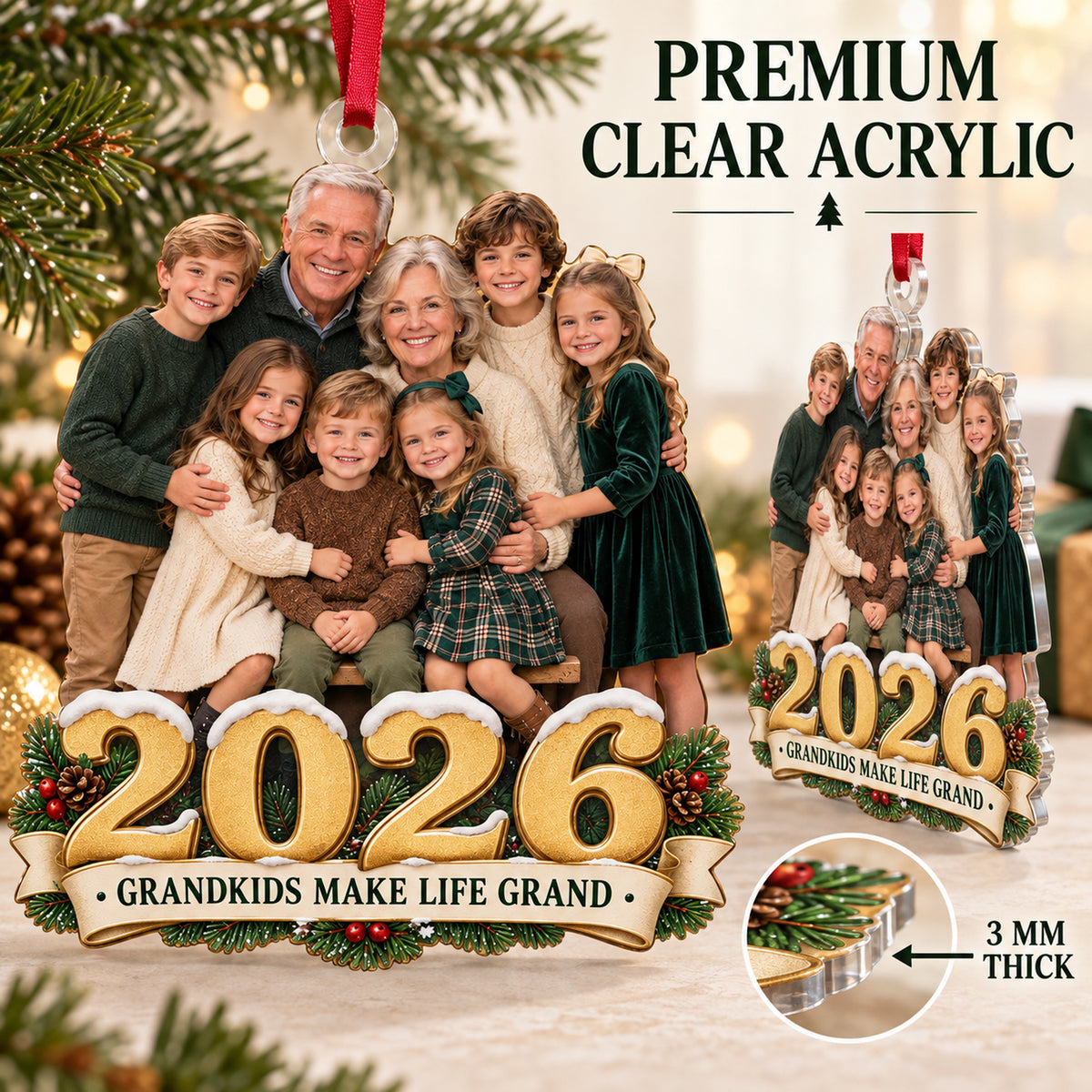 Custom Photo Grandparents and All Grandkids Acrylic Ornament — Flat acrylic material
