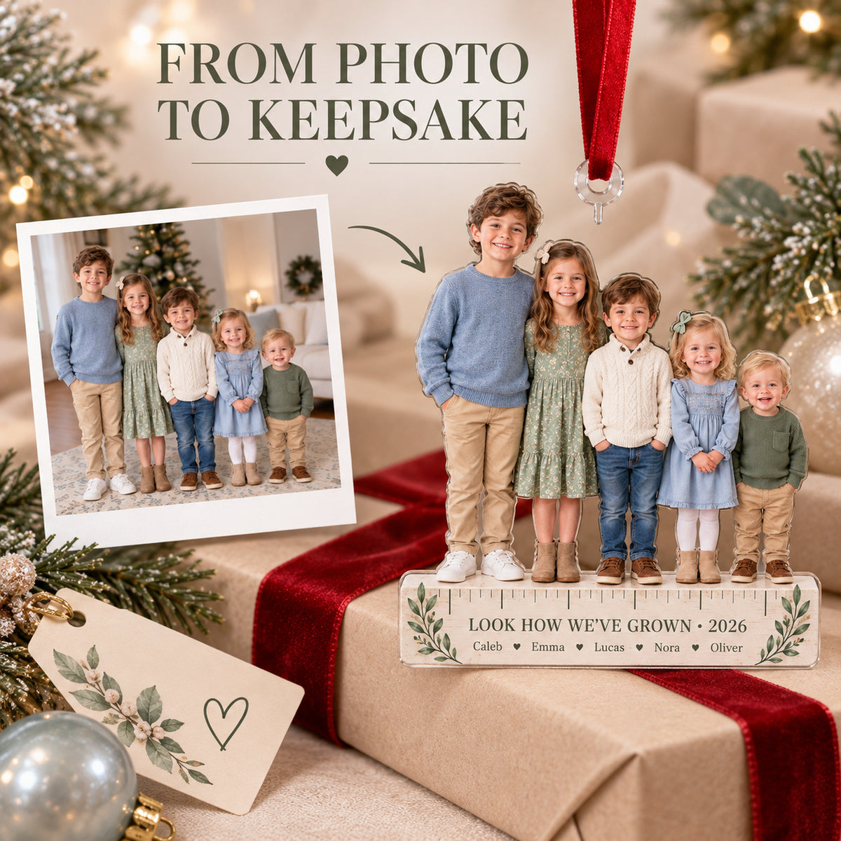 Custom Photo Grandkids Growth Lineup Acrylic Ornament — Personalization example