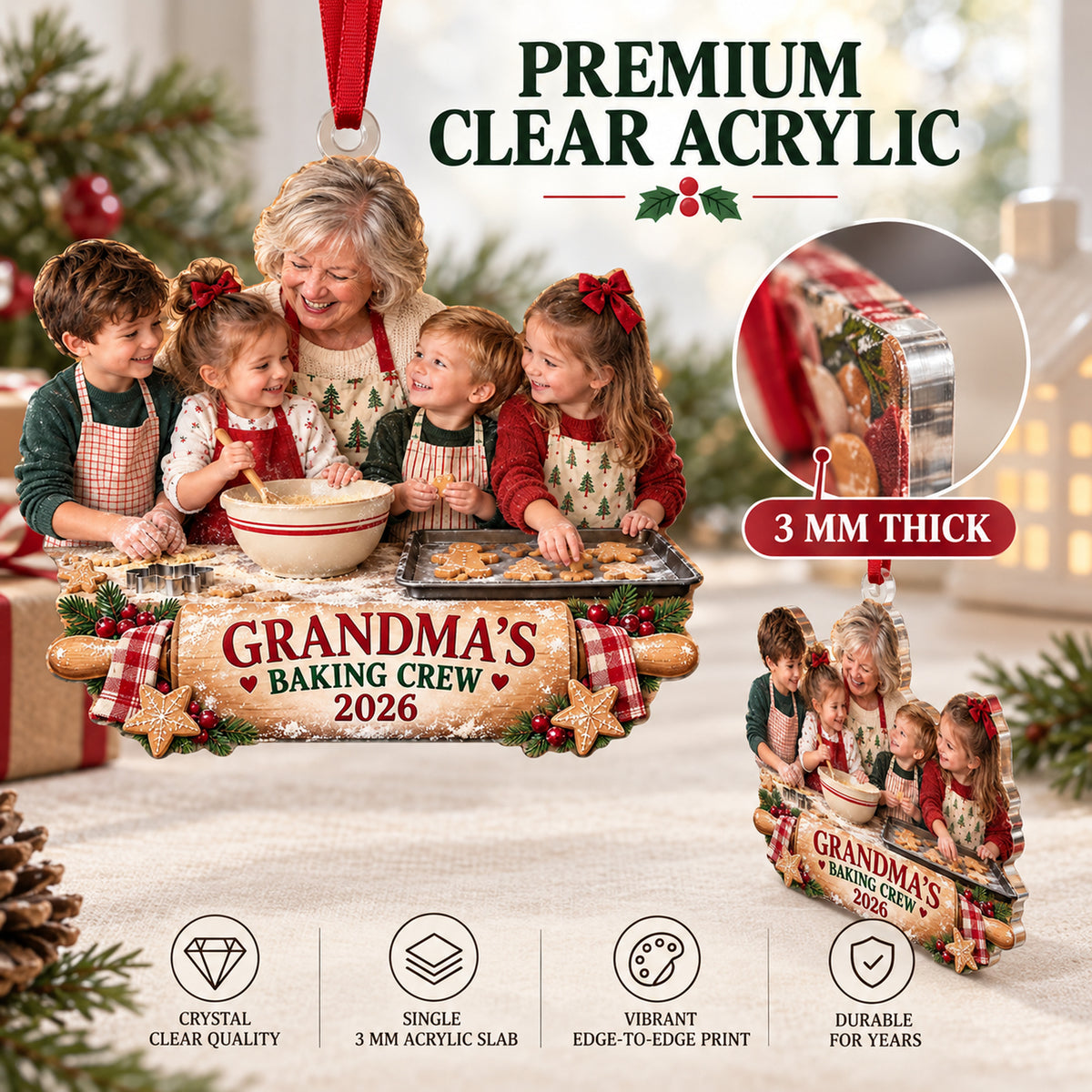 Custom Photo Grandma Baking Crew Acrylic Ornament — Flat acrylic material