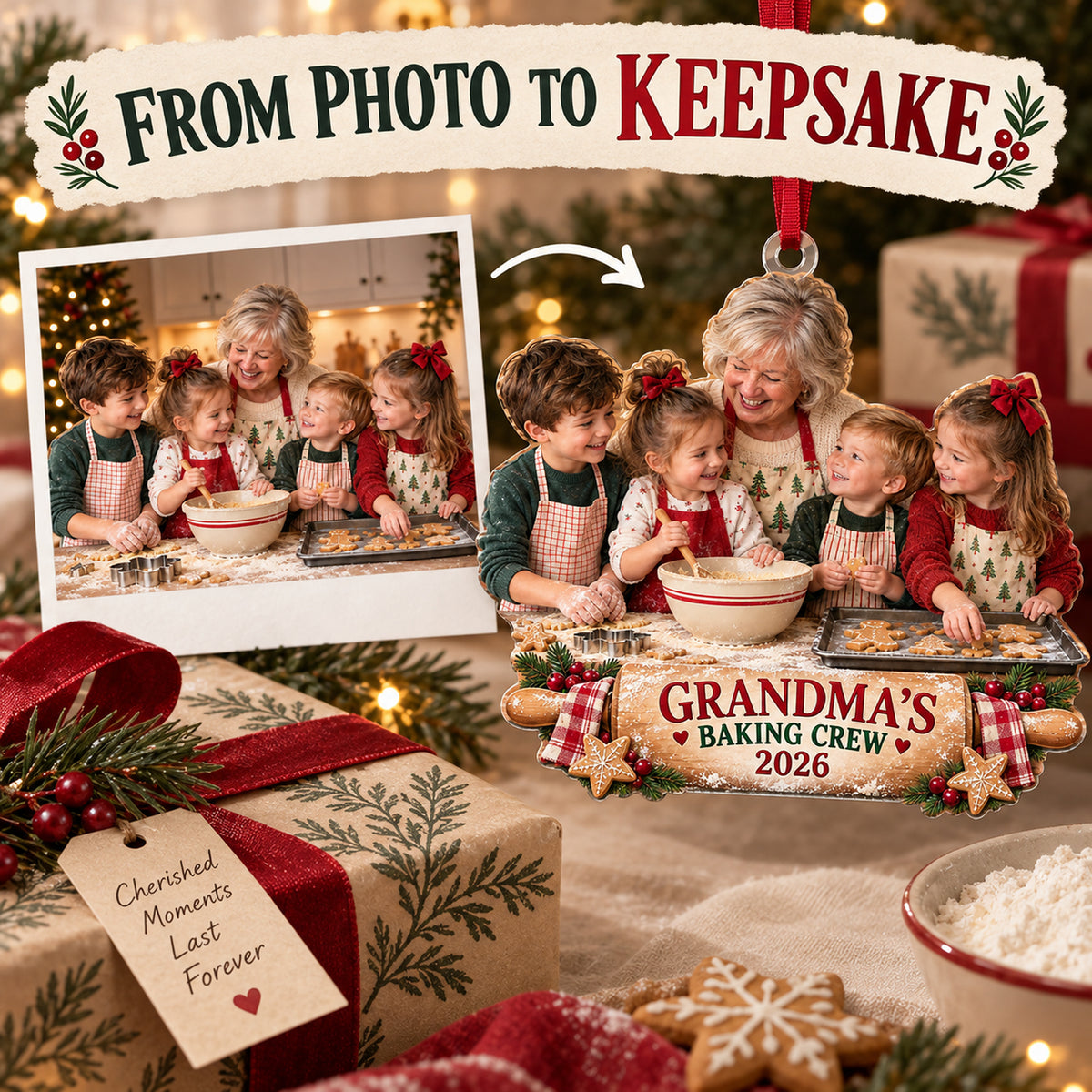 Custom Photo Grandma Baking Crew Acrylic Ornament — Personalization example