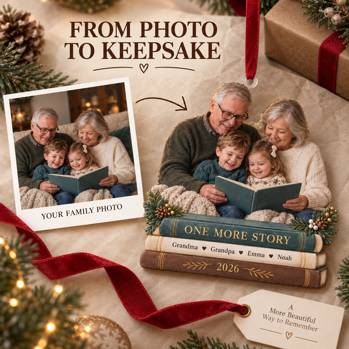 Custom Photo Storytime on the Sofa Acrylic Ornament — Personalization example