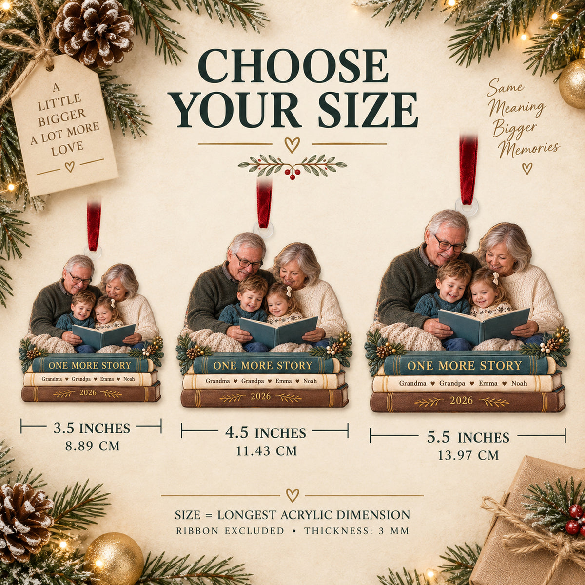 Custom Photo Storytime on the Sofa Acrylic Ornament — Size guide