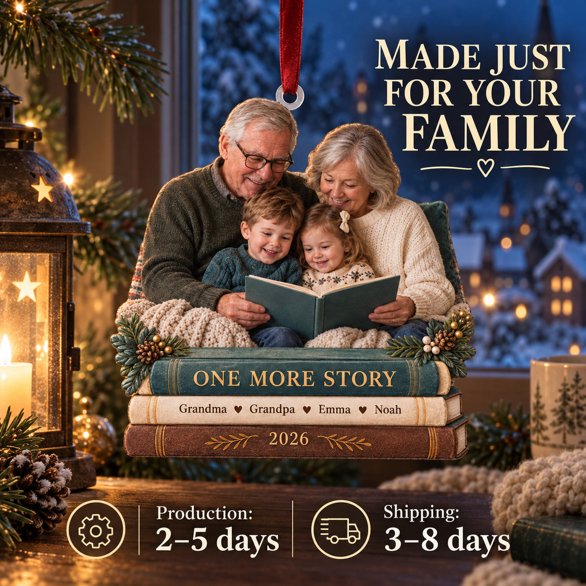 Custom Photo Storytime on the Sofa Acrylic Ornament — Production and delivery