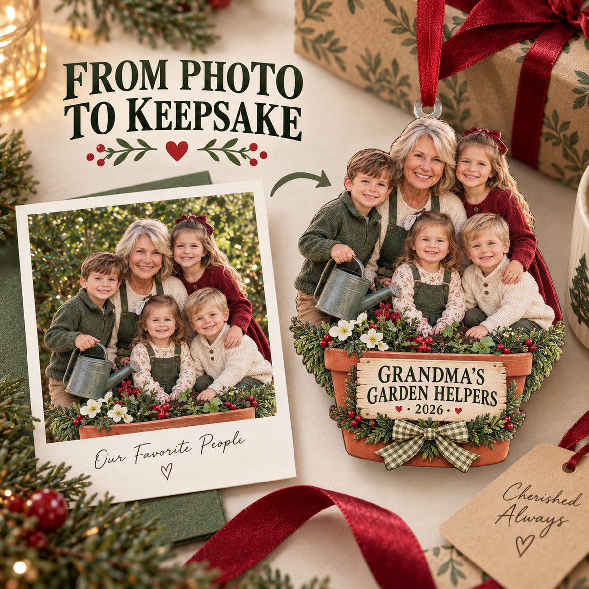 Custom Photo Grandma s Garden Helpers Acrylic Ornament — Personalization example