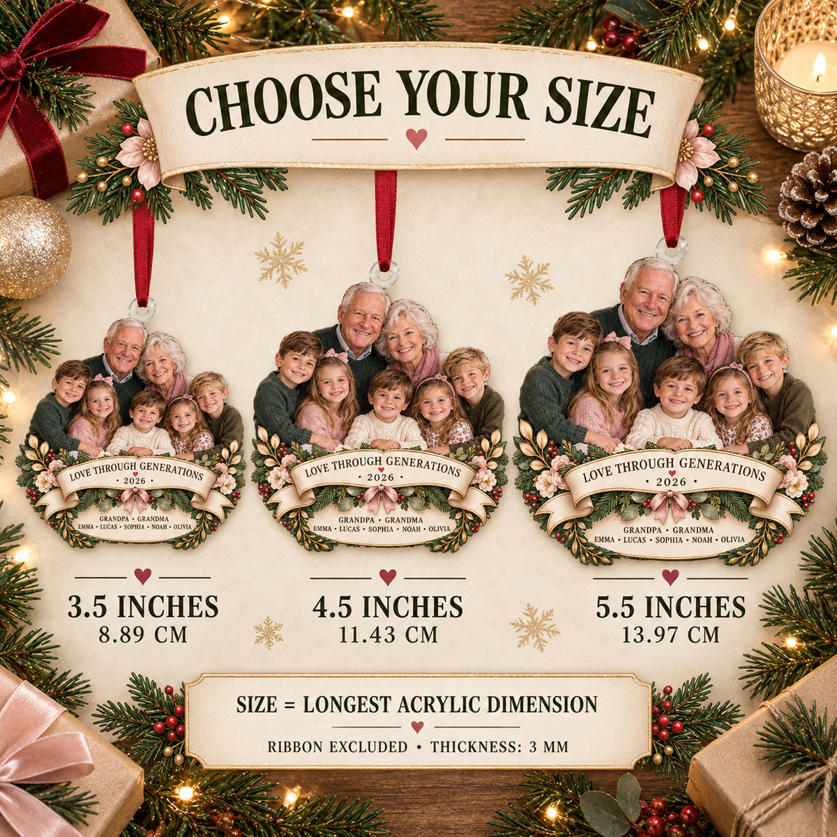 Custom Photo Grandparents Anniversary Circle Acrylic Ornament — Size guide