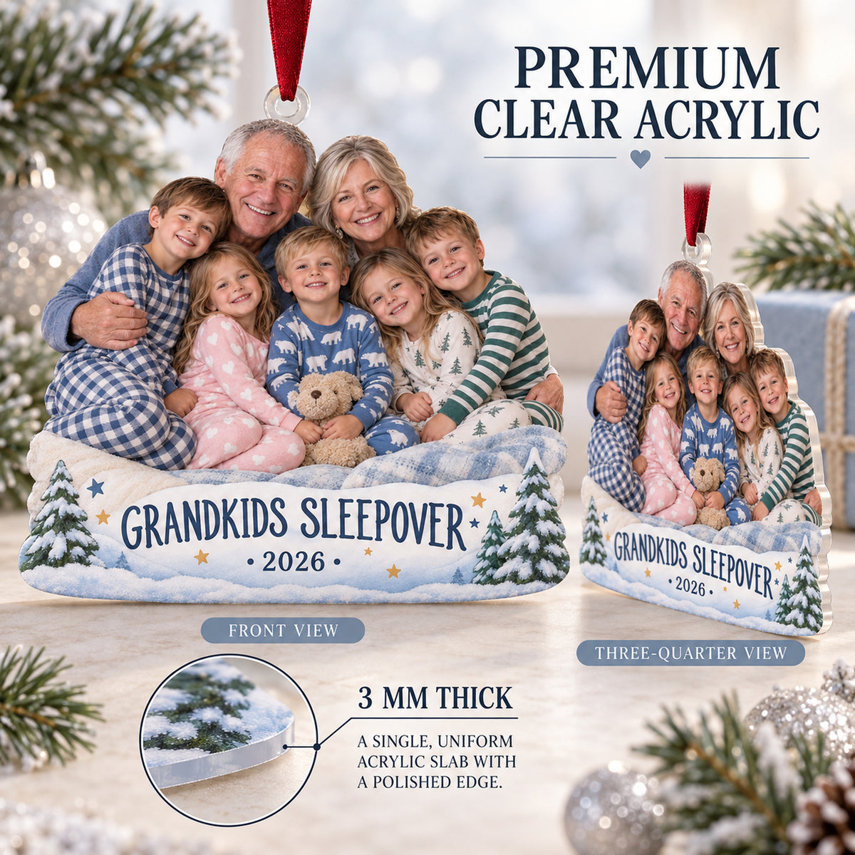 Custom Photo Grandkids Sleepover Pajamas Acrylic Ornament — Flat acrylic material