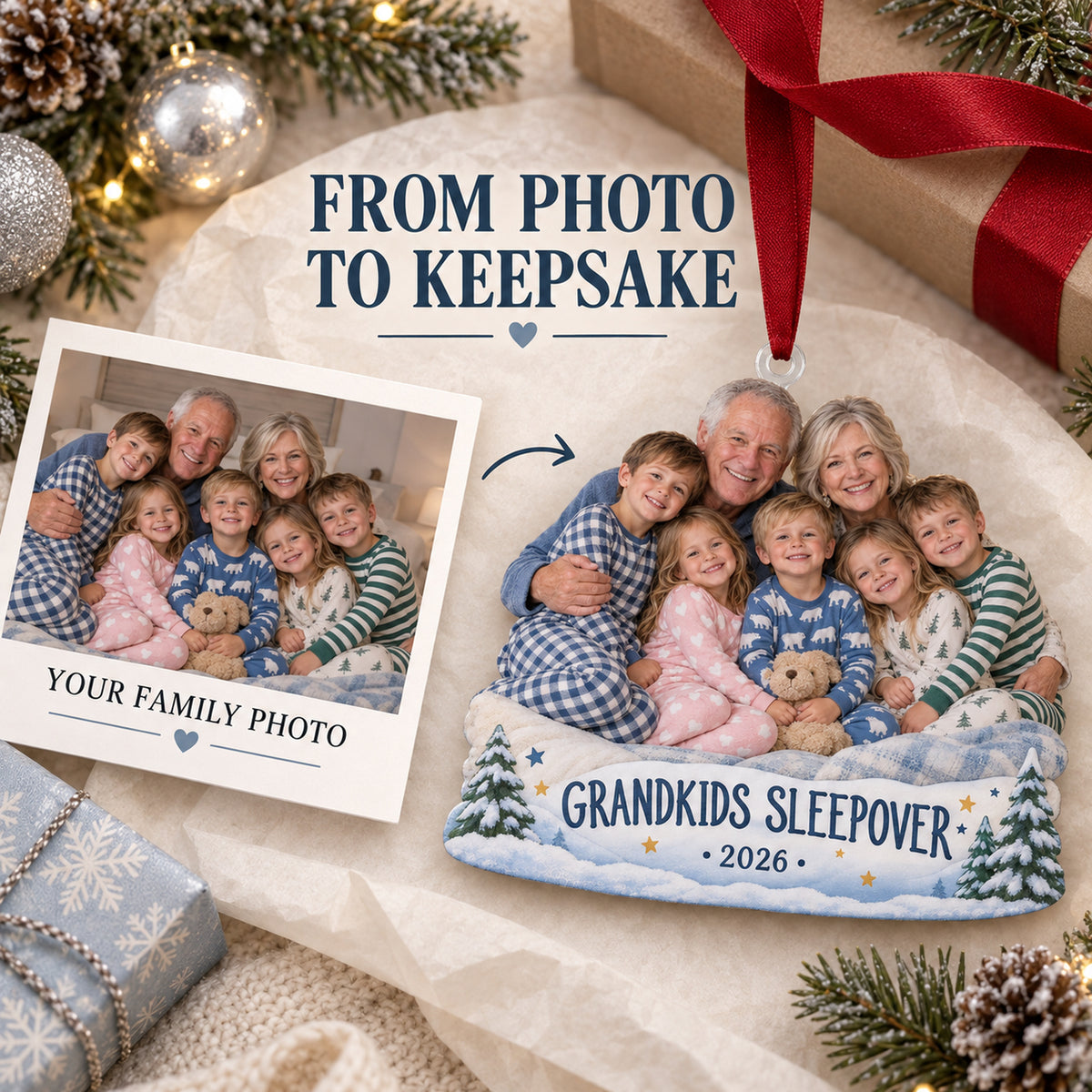 Custom Photo Grandkids Sleepover Pajamas Acrylic Ornament — Personalization example