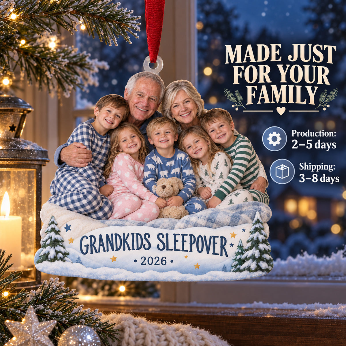 Custom Photo Grandkids Sleepover Pajamas Acrylic Ornament — Production and delivery