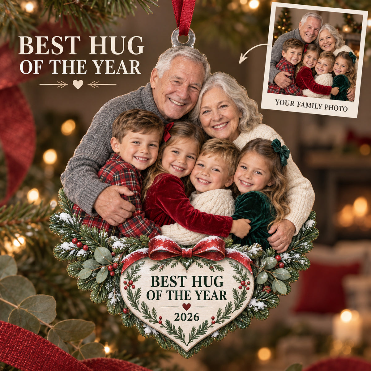 Custom Photo Holiday Hug Pile Acrylic Ornament — Main design