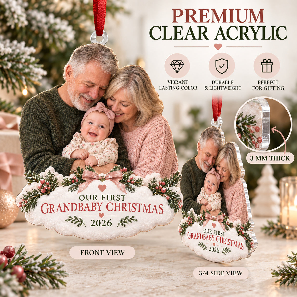 Custom Photo First Christmas as Grandparents Acrylic Ornament — Flat acrylic material