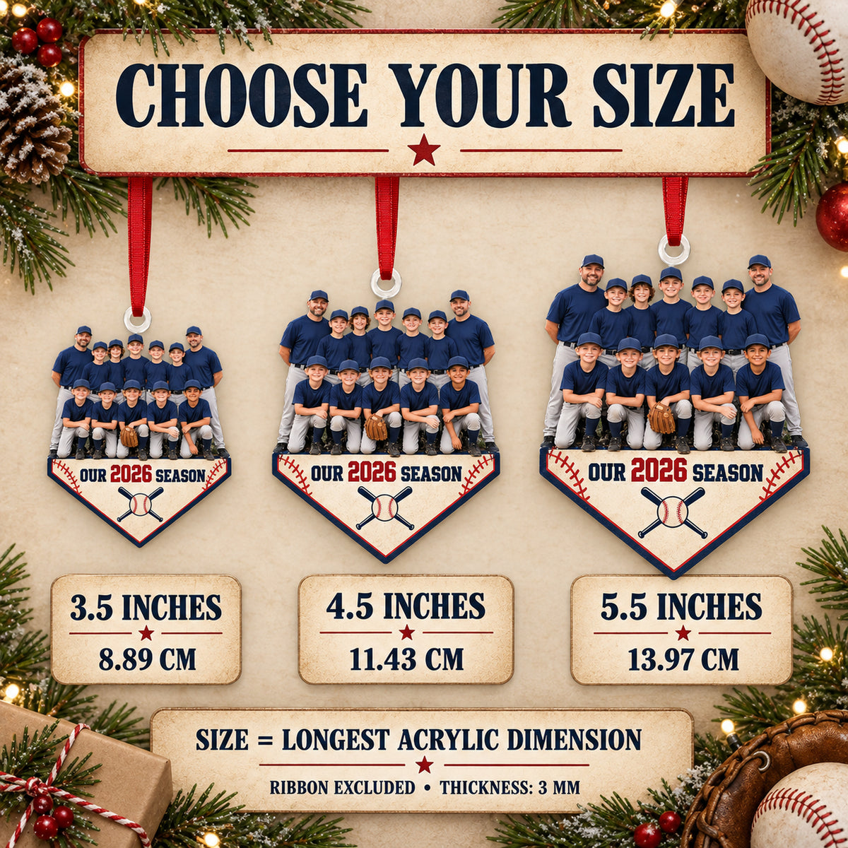 Custom Photo Baseball Full Team Season Photo Acrylic Ornament — Size guide