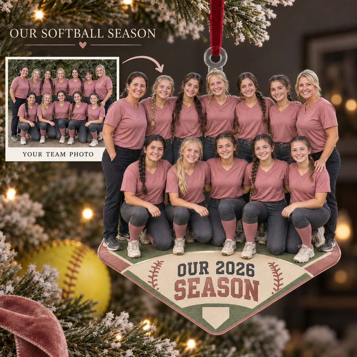 Custom Photo Softball Full Team Season Photo Acrylic Ornament — Main design