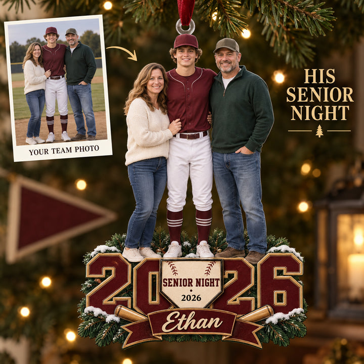 Custom Photo Baseball Senior Night Player and Parents Acrylic Ornament — Main design