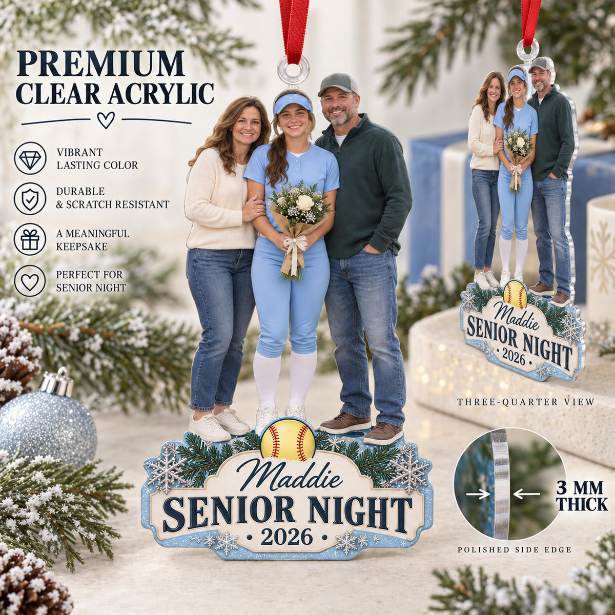 Custom Photo Softball Senior Night Player and Parents Acrylic Ornament — Flat acrylic material