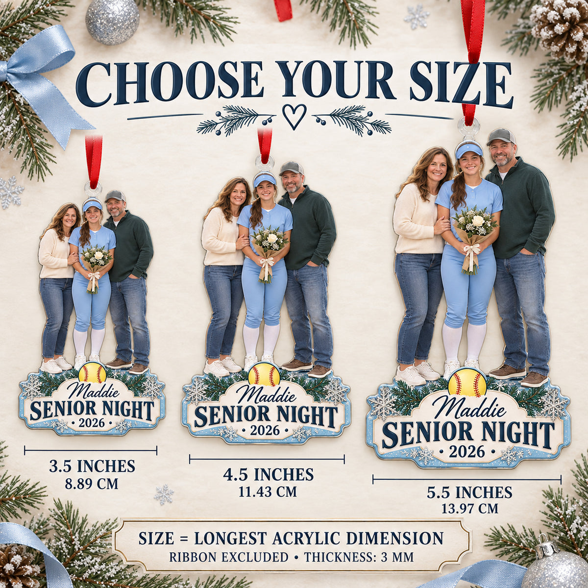 Custom Photo Softball Senior Night Player and Parents Acrylic Ornament — Size guide