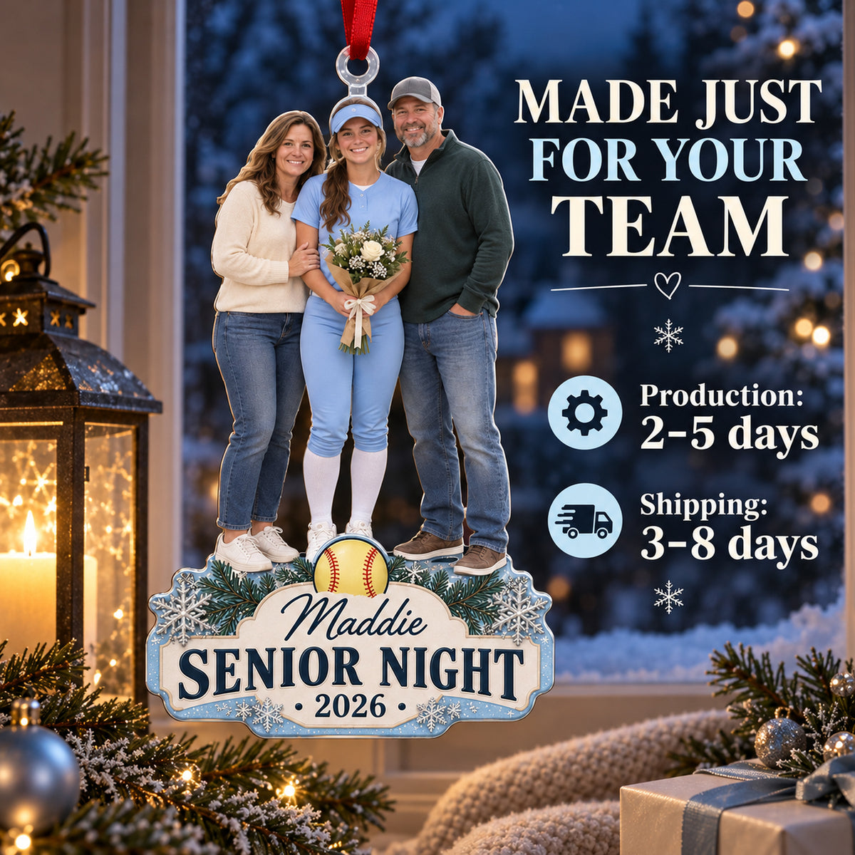 Custom Photo Softball Senior Night Player and Parents Acrylic Ornament — Production and delivery