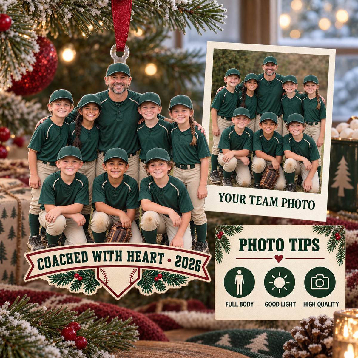 Custom Photo Coach and Team Huddle Acrylic Ornament — Personalization guide