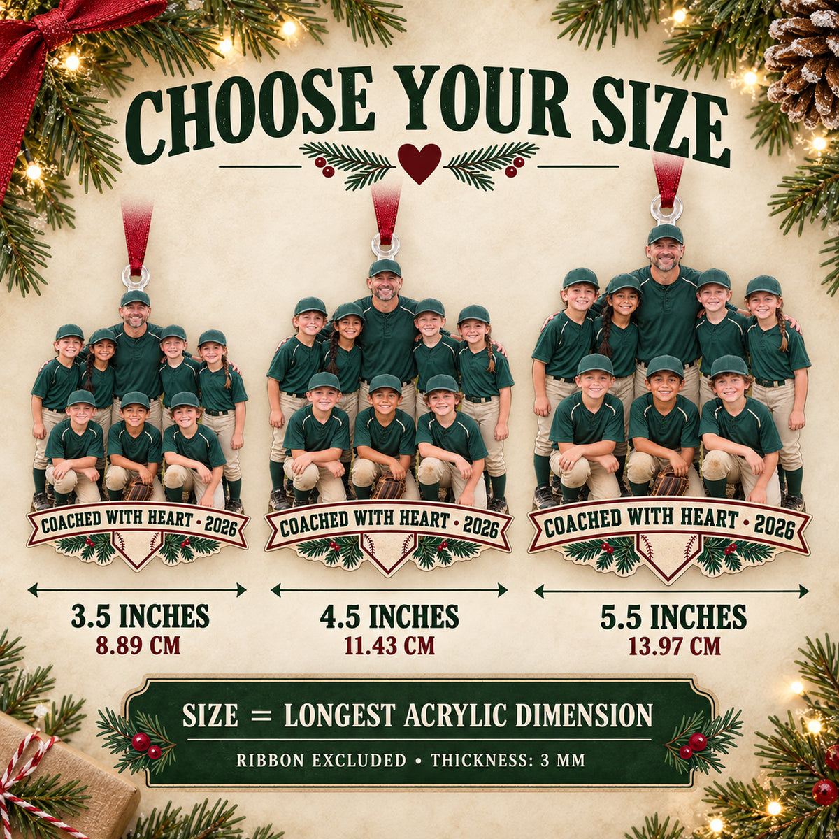 Custom Photo Coach and Team Huddle Acrylic Ornament — Size guide