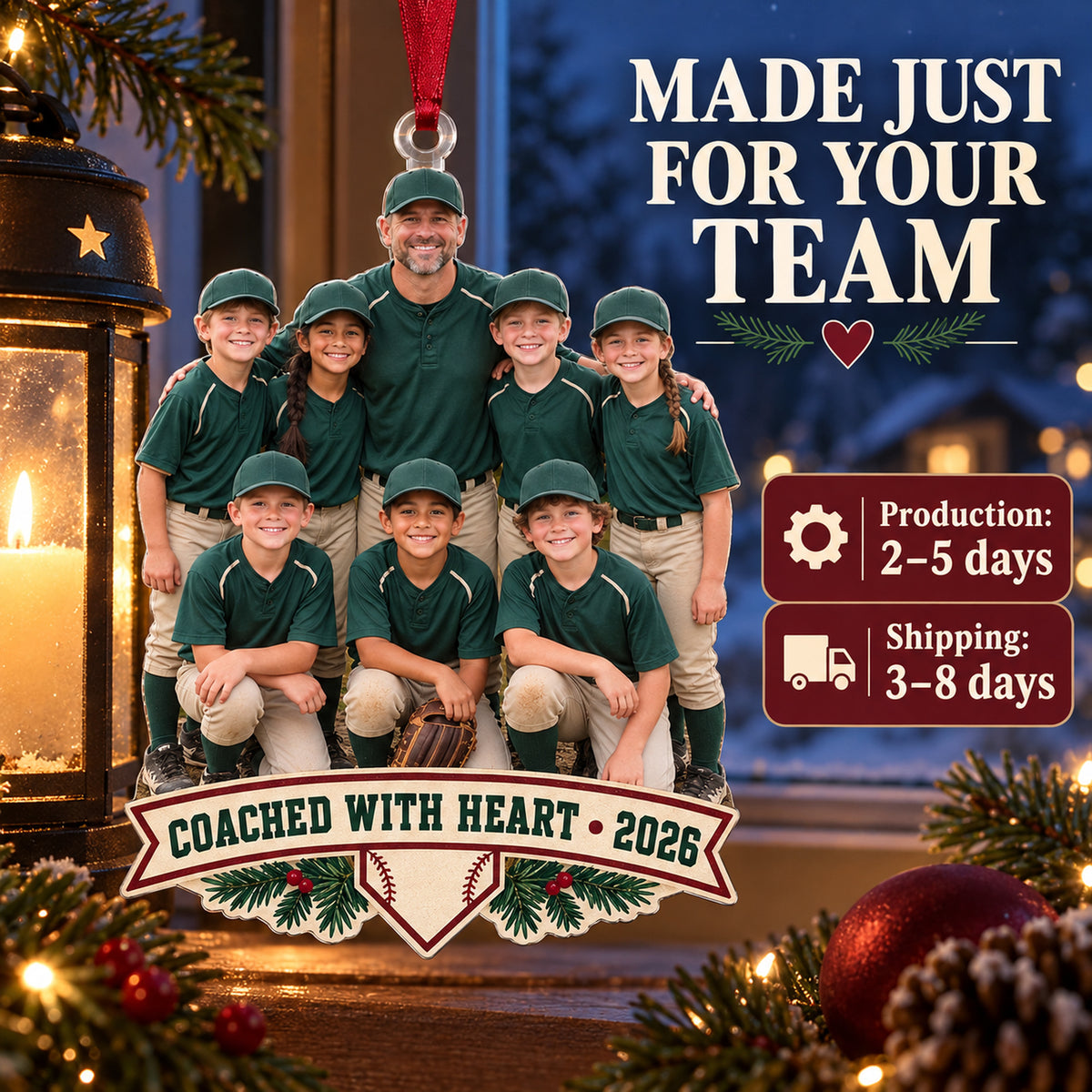 Custom Photo Coach and Team Huddle Acrylic Ornament — Production and delivery