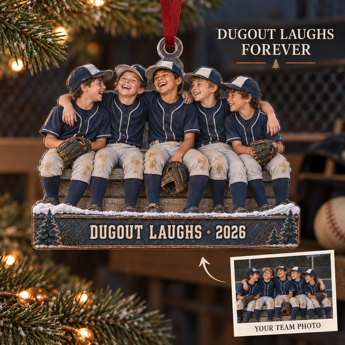 Custom Photo Dugout Laughing Moment Acrylic Ornament — Main design