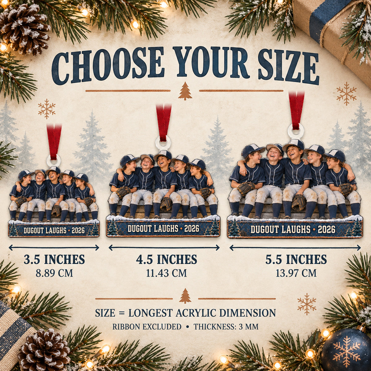 Custom Photo Dugout Laughing Moment Acrylic Ornament — Size guide