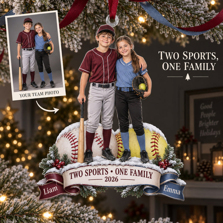 Custom Photo Sibling Baseball and Softball Duo Acrylic Ornament — Main design