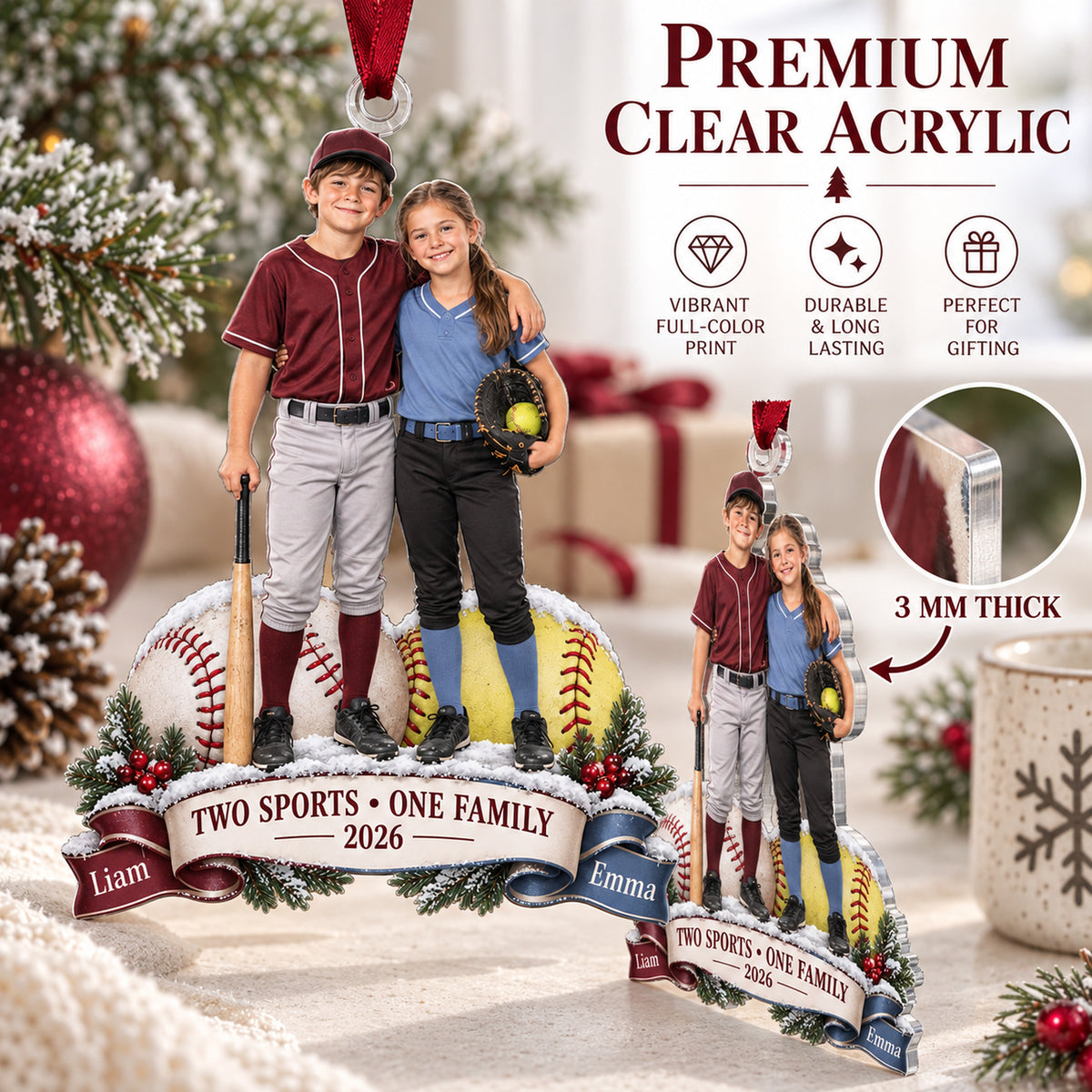 Custom Photo Sibling Baseball and Softball Duo Acrylic Ornament — Flat acrylic material