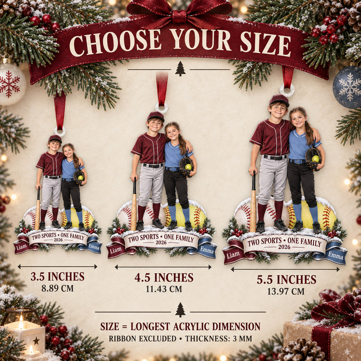 Custom Photo Sibling Baseball and Softball Duo Acrylic Ornament — Size guide