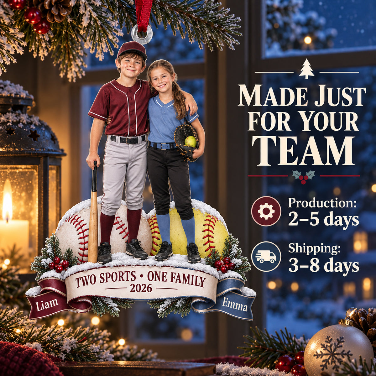 Custom Photo Sibling Baseball and Softball Duo Acrylic Ornament — Production and delivery