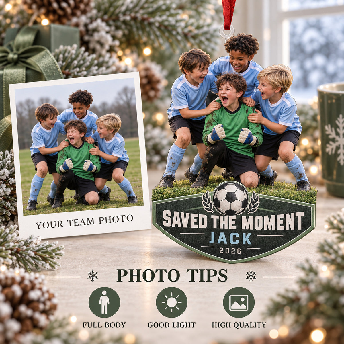 Custom Photo Goalie Save Celebration Acrylic Ornament — Personalization guide