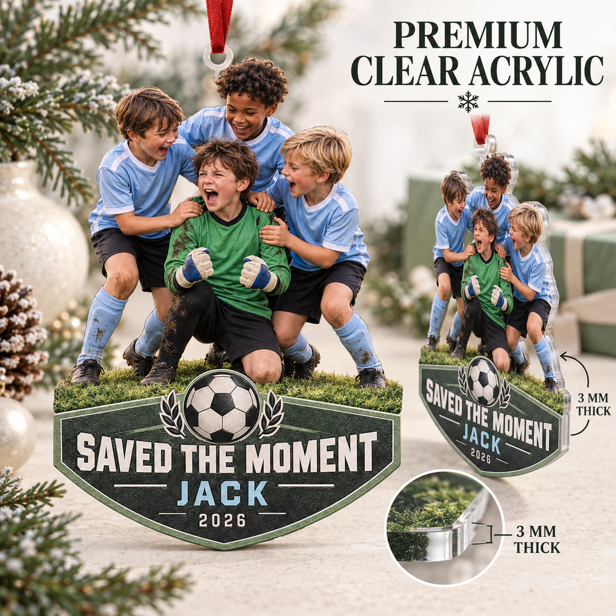 Custom Photo Goalie Save Celebration Acrylic Ornament — Flat acrylic material