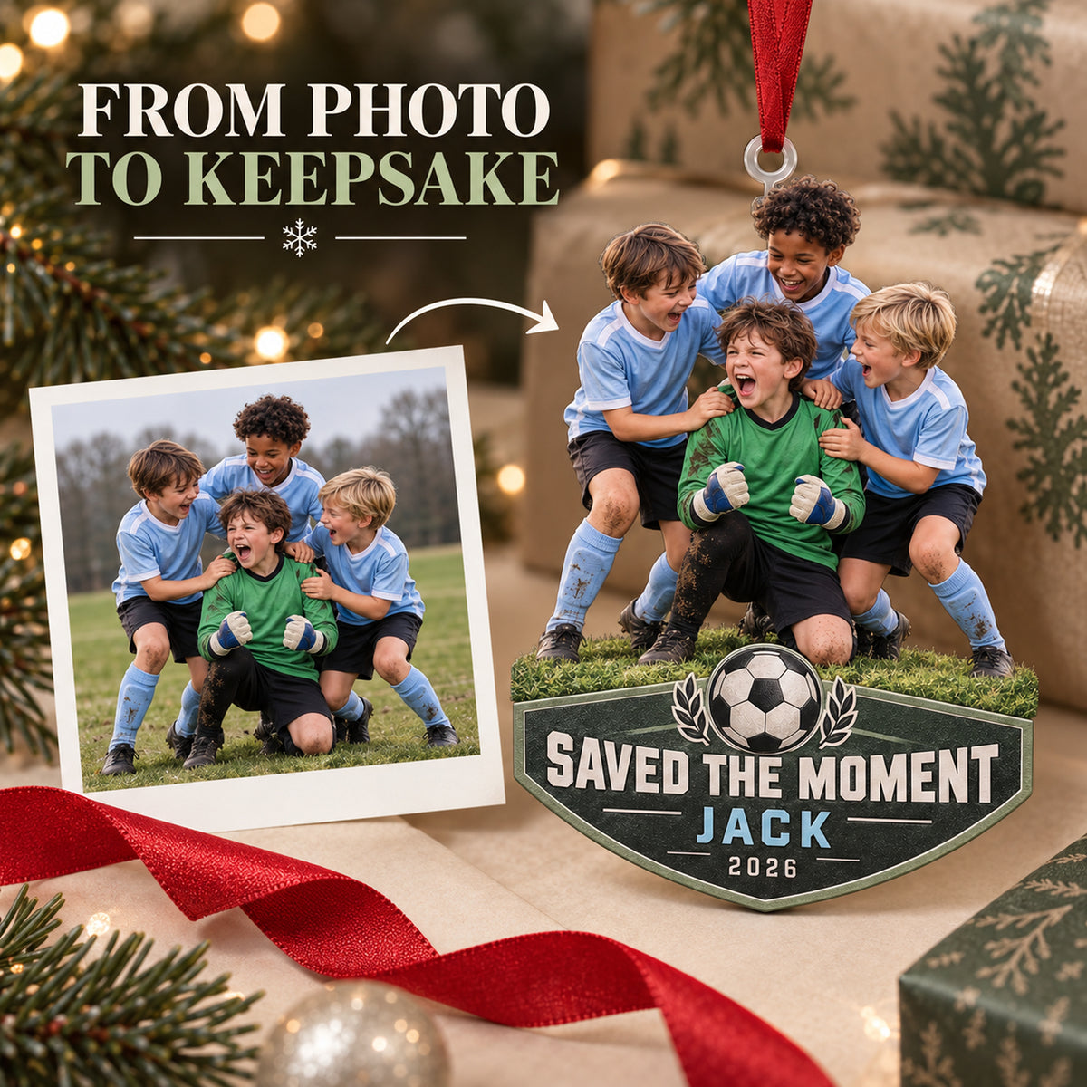 Custom Photo Goalie Save Celebration Acrylic Ornament — Personalization example