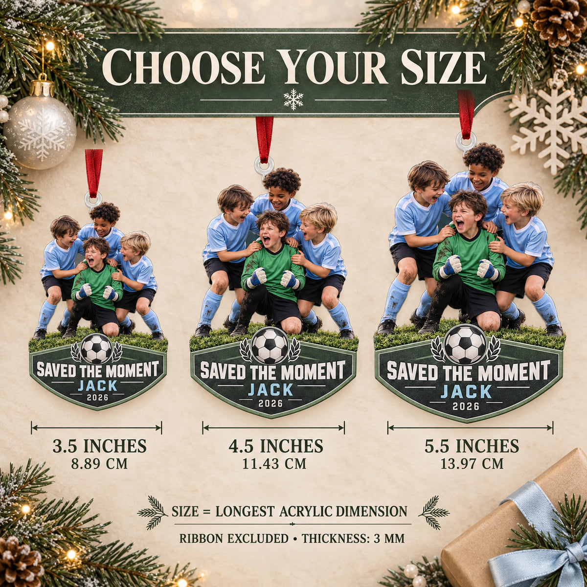 Custom Photo Goalie Save Celebration Acrylic Ornament — Size guide