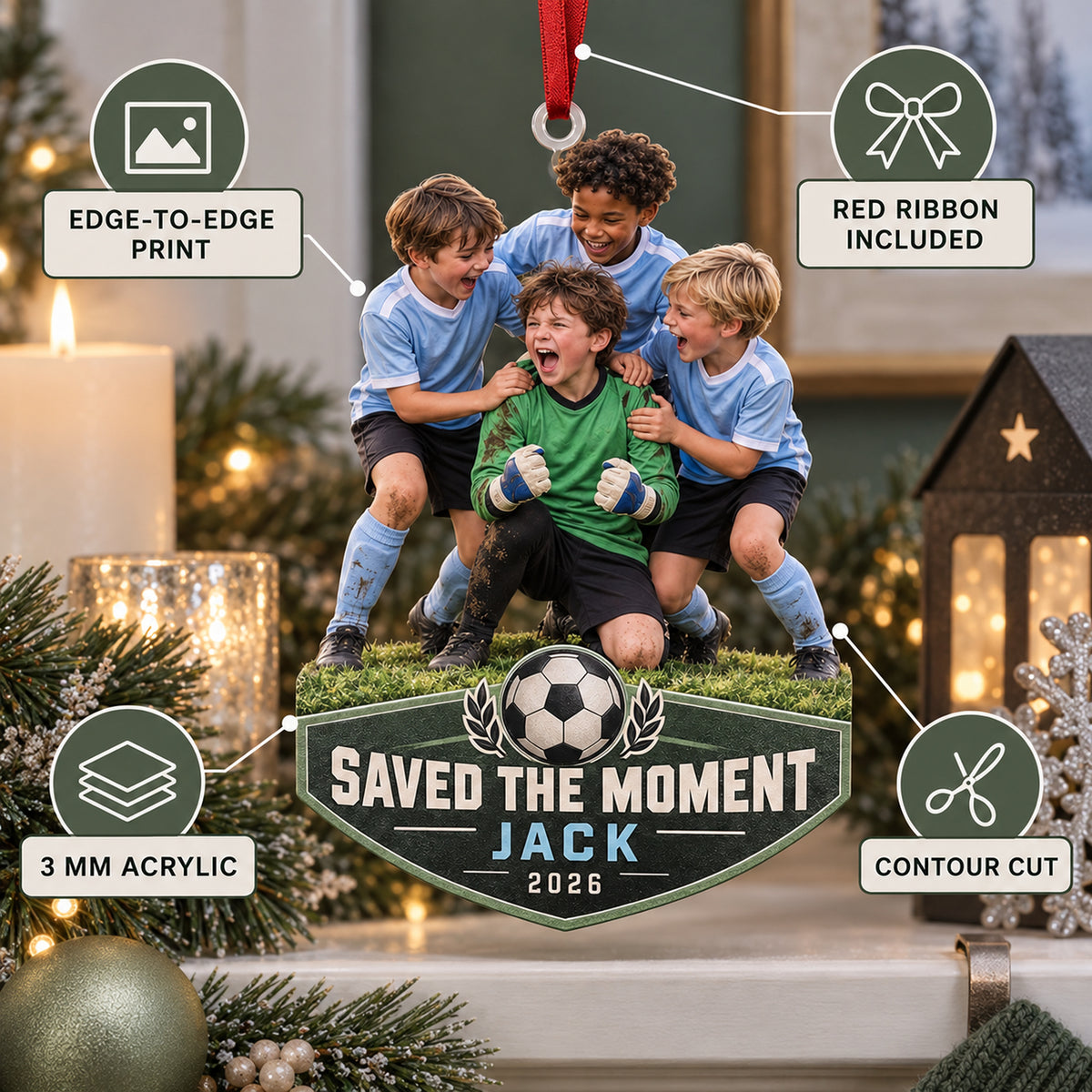 Custom Photo Goalie Save Celebration Acrylic Ornament — Product details