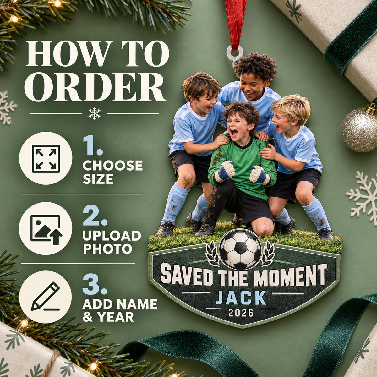 Custom Photo Goalie Save Celebration Acrylic Ornament — How to order