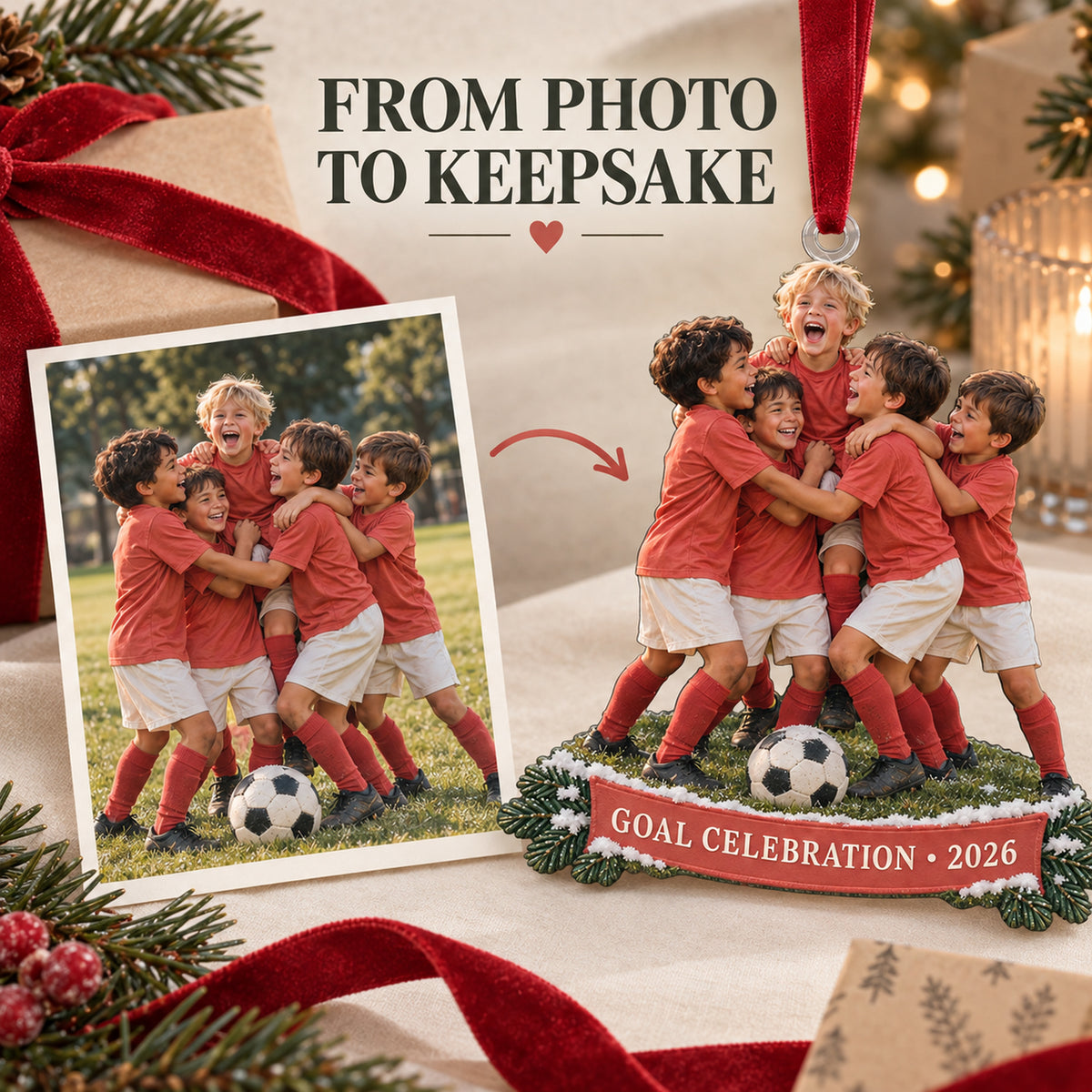 Custom Photo Goal Celebration Group Acrylic Ornament — Personalization example